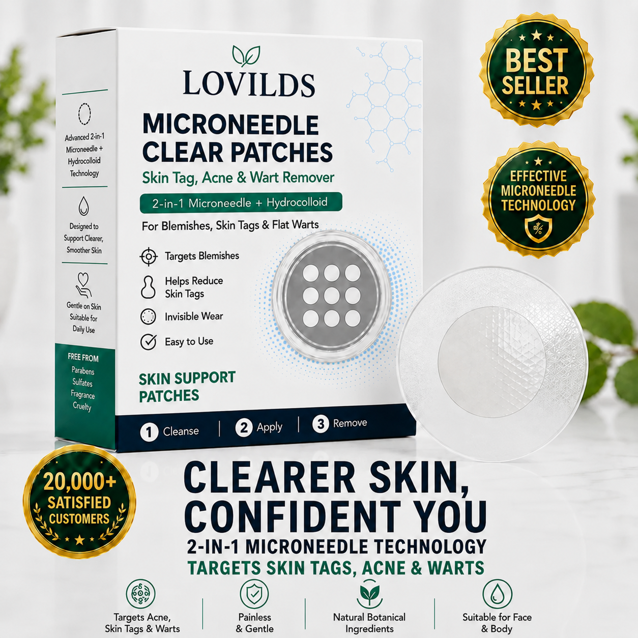 ✨✨LOVILDS®2-in-1 Microneedle & Hydrocolloid Patch🍀| Removes Raised Moles, Acne, Flat Warts & Skin Tags | Helps Improve Wrinkles, Scars & Blemishes | Invisible Patches for Face & Body