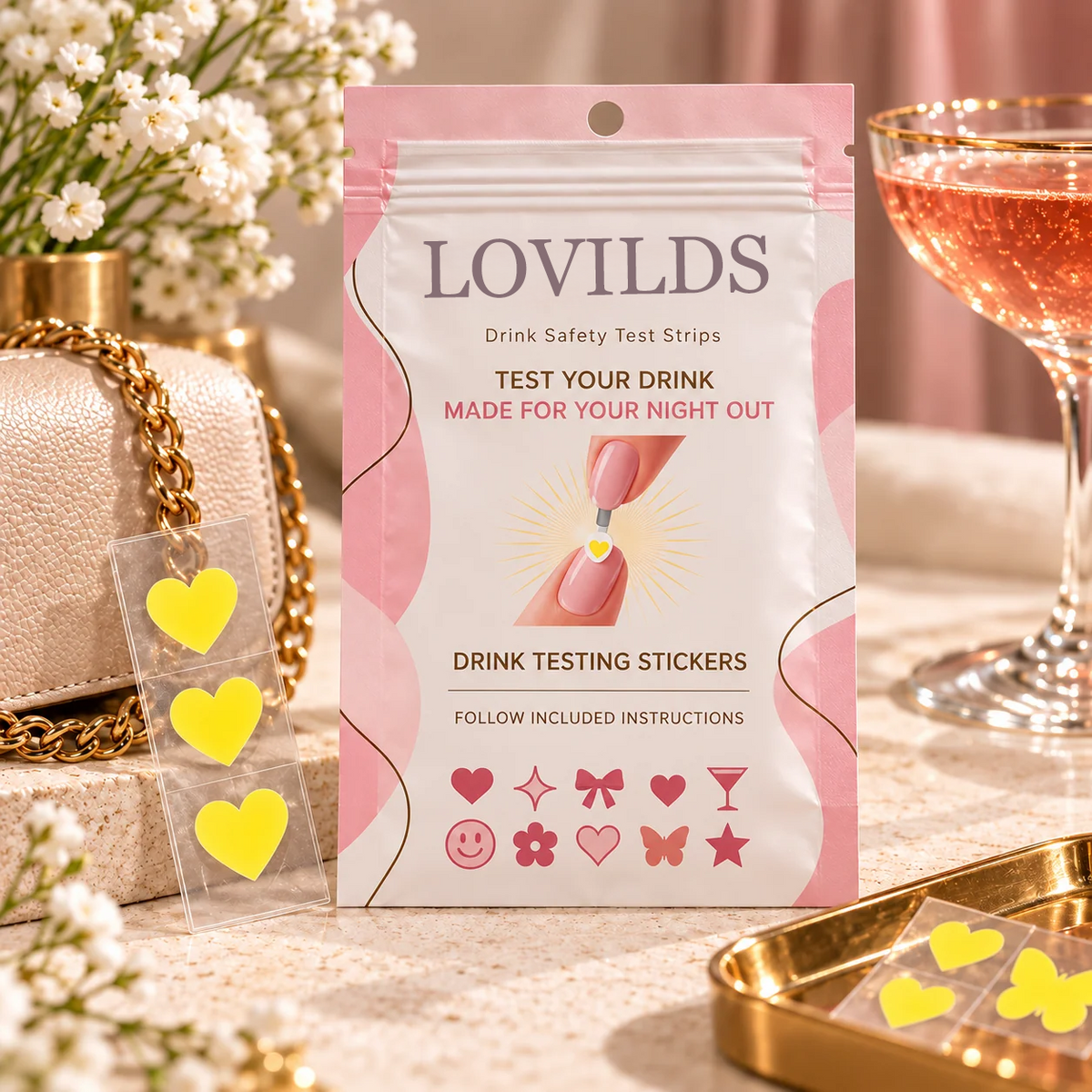 LOVILDS™ Drink Testing Stickers – Heart & Butterfly Designs